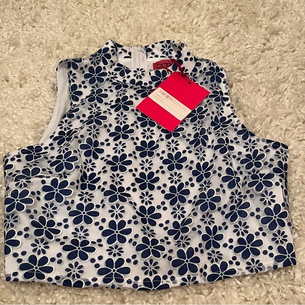 zip back floral jacquard crop top blue